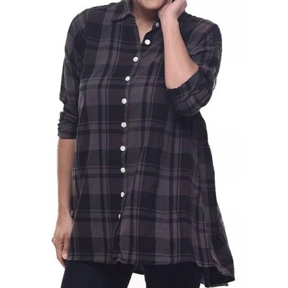 TULIP whiskey Plaid XS button Down Shirt NWT Cotton Black Gray Bustle Back lagen - Picture 4 of 8